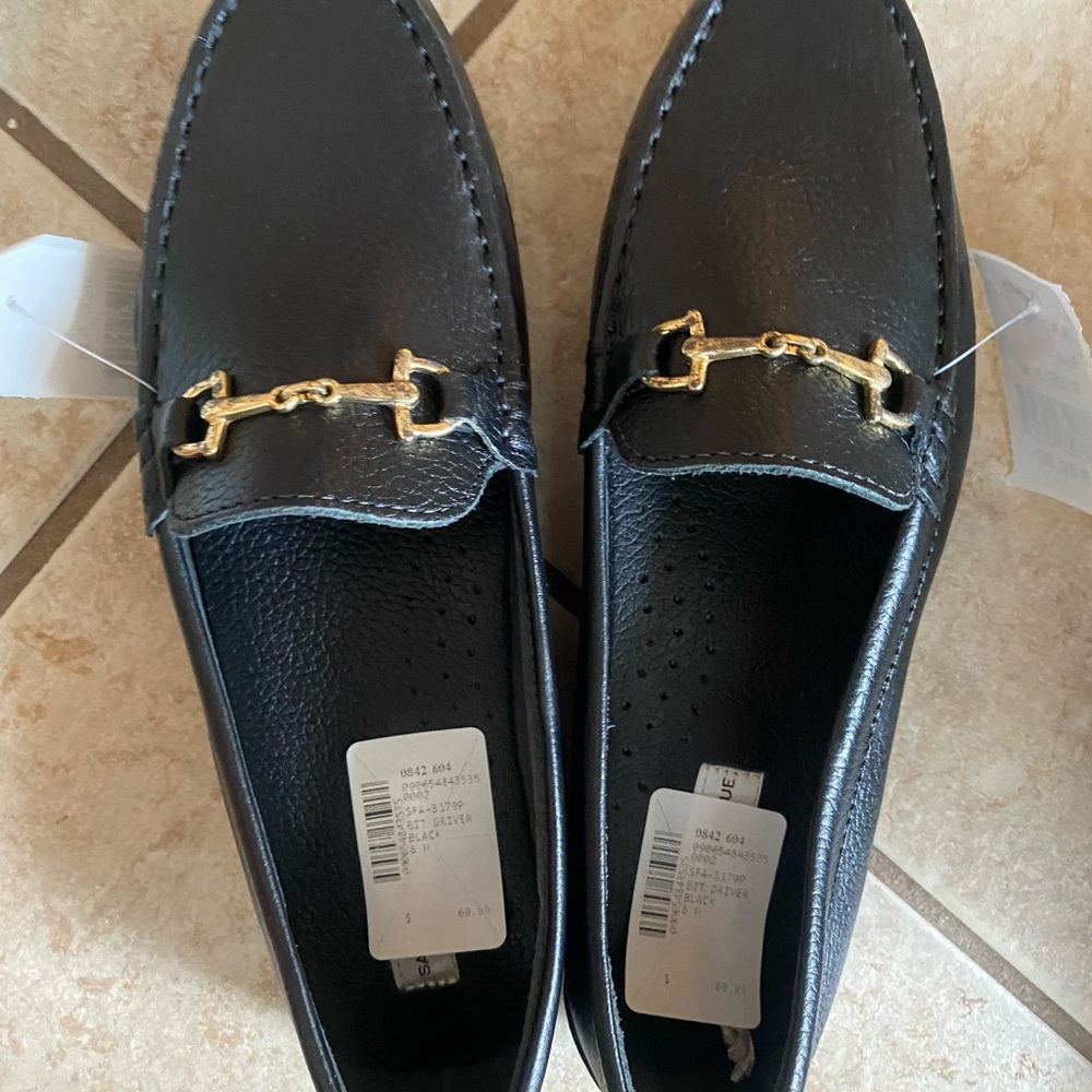 Saks Fifth Avenue Black Loafers with Gold Detail